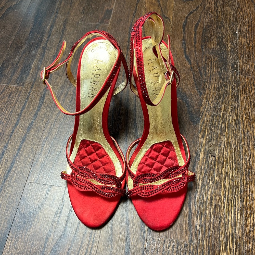 Stunning Ruby Red strappy heels by Ralph Lauren. Gorgeous red crystals size 7.5